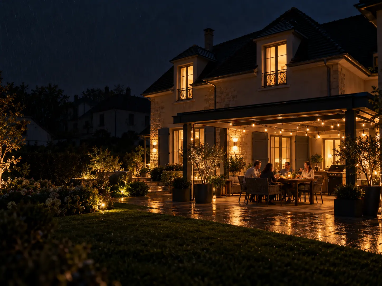 Grande maison éclairée la nuit avec terrasse et guirlandes lumineuses