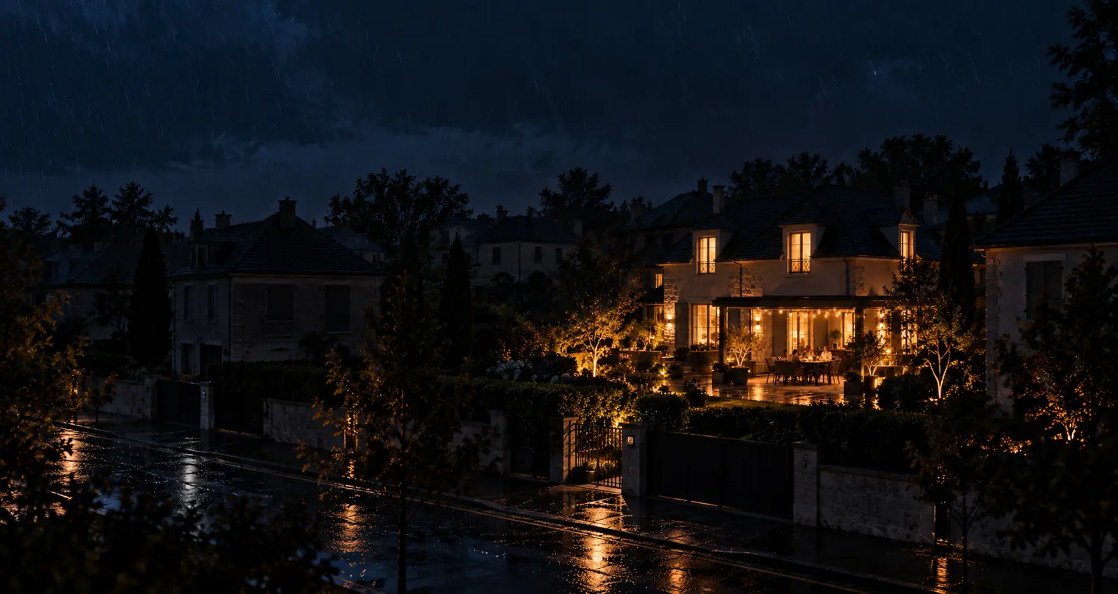 Quartier résidentiel plongé dans le noir pendant une coupure