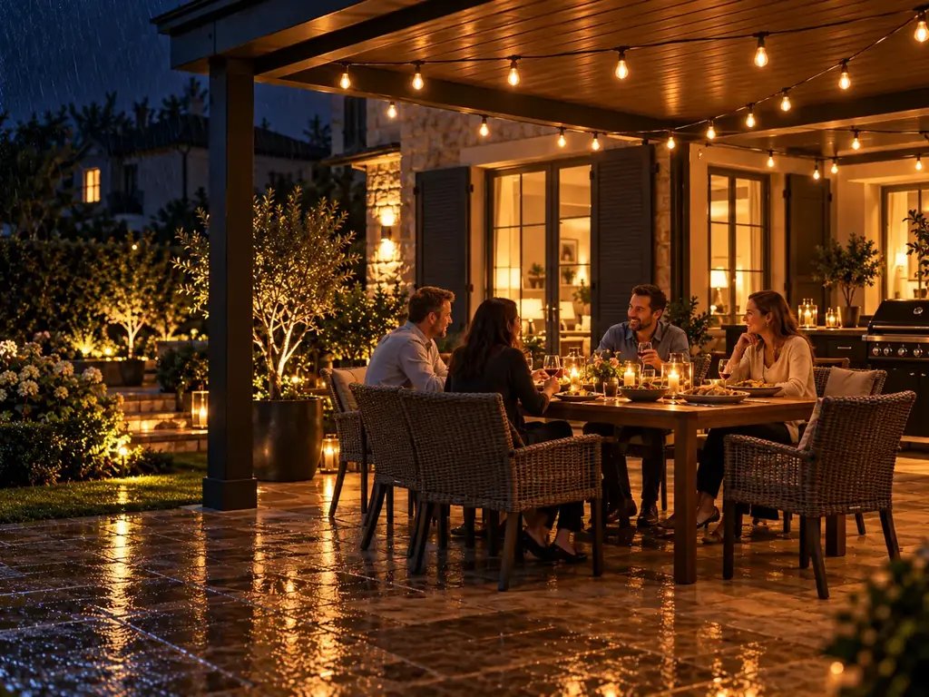 Famille réunie autour d’une table sur une terrasse éclairée