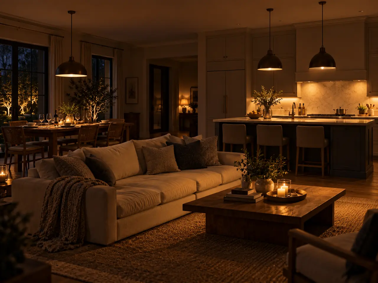 Intérieur de maison chaleureusement éclairé pendant une soirée